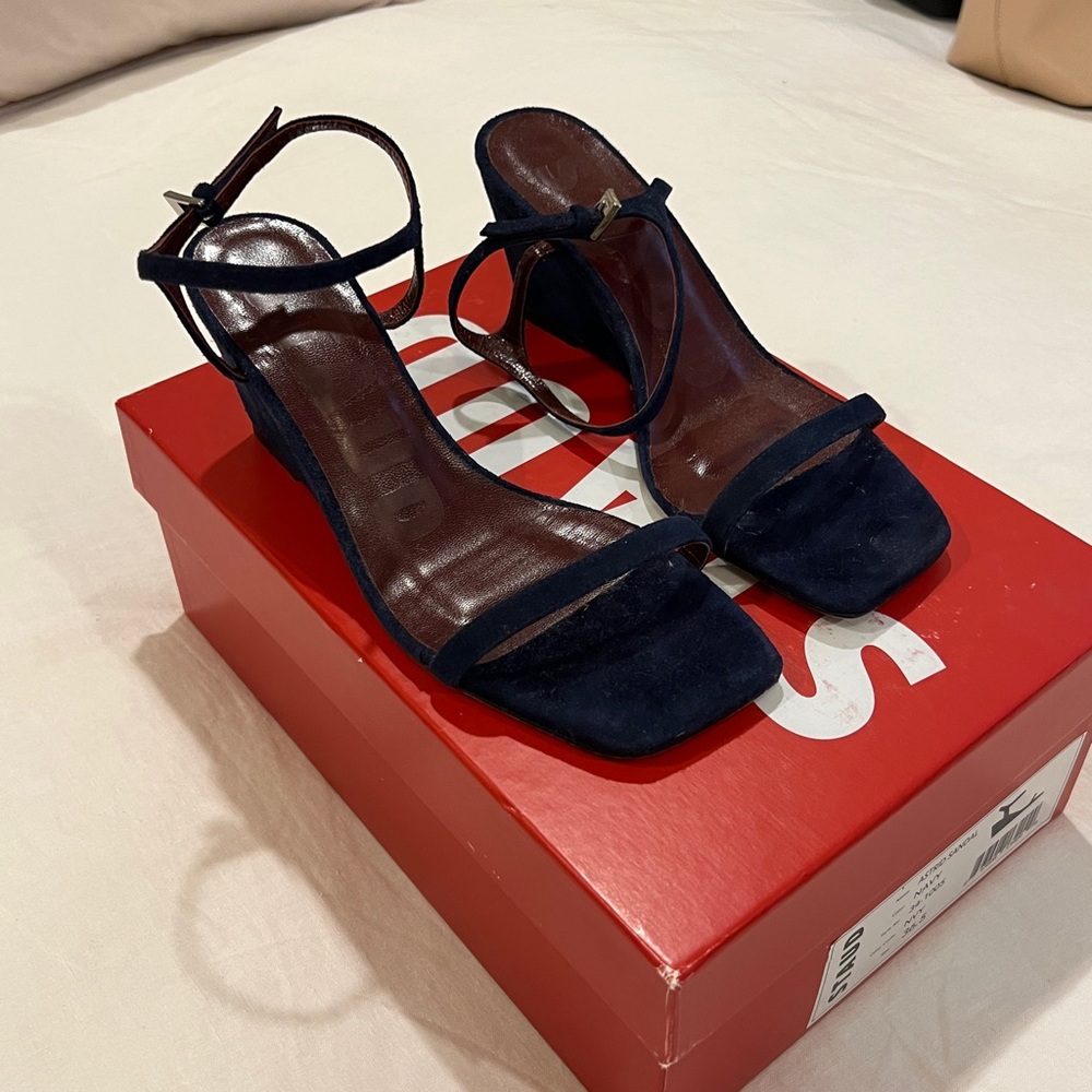 STAUD navy blue suede wedge sandals. Worn once